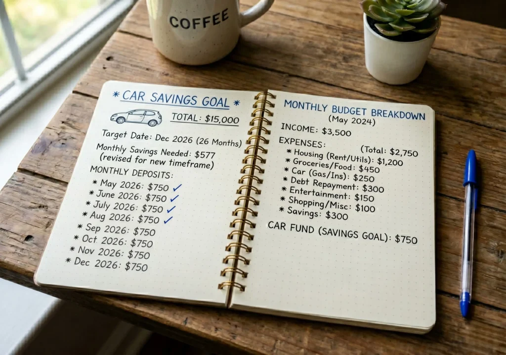 notebook with car savings goal written and monthly budget breakdown