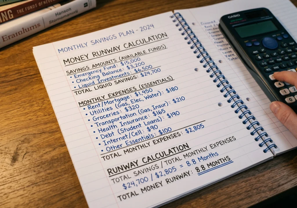 notebook showing money runway calculation with savings amount and monthly expenses written out