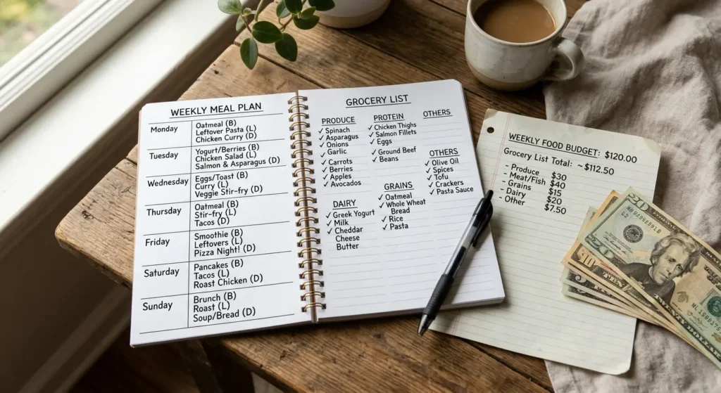 weekly meal plan and grocery list written on paper next to a weekly food budget