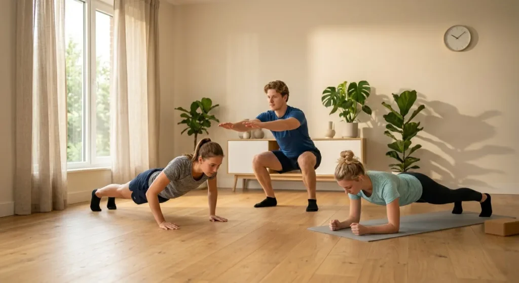 beginner calisthenics exercises including push-ups, squats and planks demonstrated in a home setting 