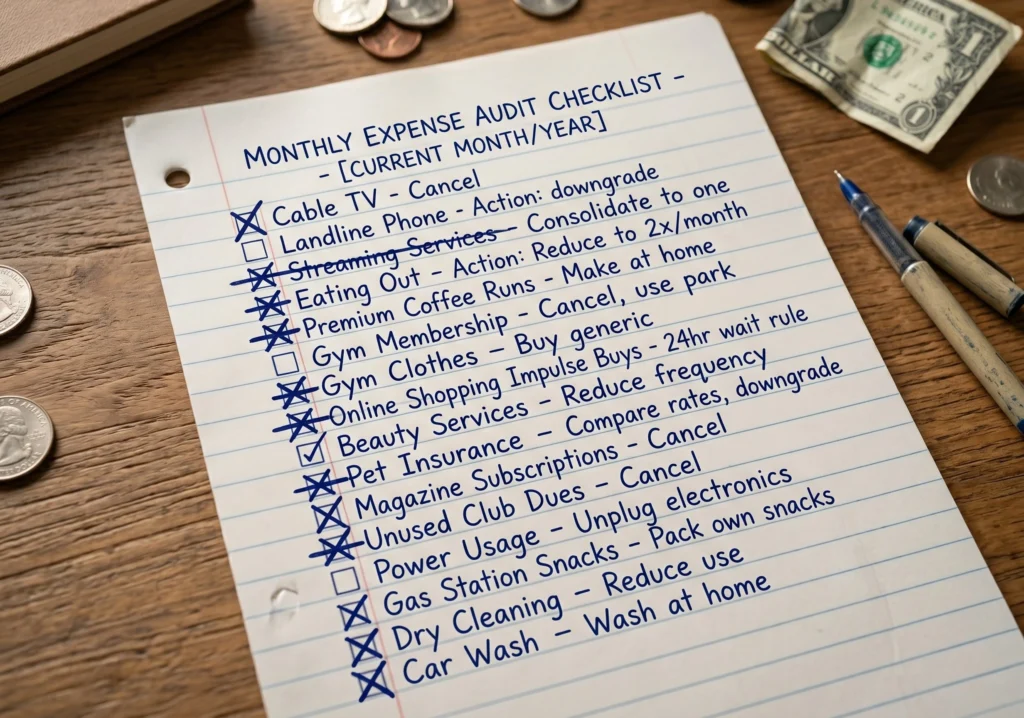 monthly expense audit checklist on paper with items being crossed off to reduce spending