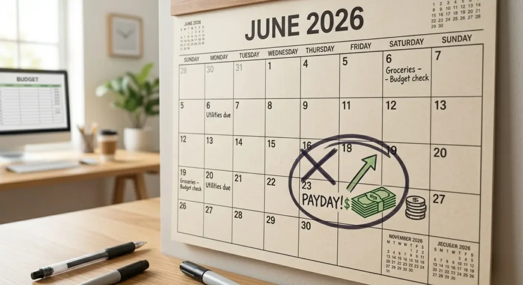 calendar showing payday marked with an automatic savings transfer set up on the same day