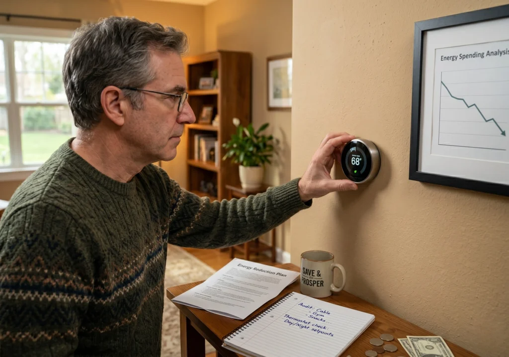 person adjusting a smart thermostat at home to reduce monthly energy bills
