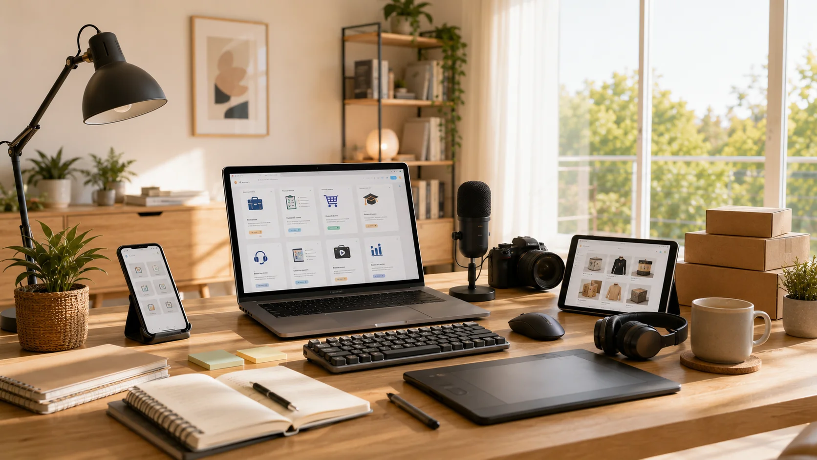 A modern home office with a laptop displaying a generic online work dashboard, camera, microphone, tablet, packaging boxes, and digital tools representing beginner-friendly side hustle ideas.