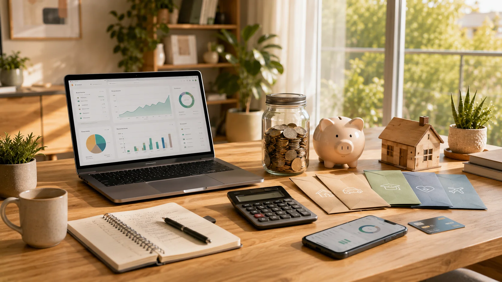 A modern financial planning workspace with a laptop displaying a generic savings projection dashboard, calculator, notebook, piggy bank, smartphone, and budgeting tools for long-term money management.