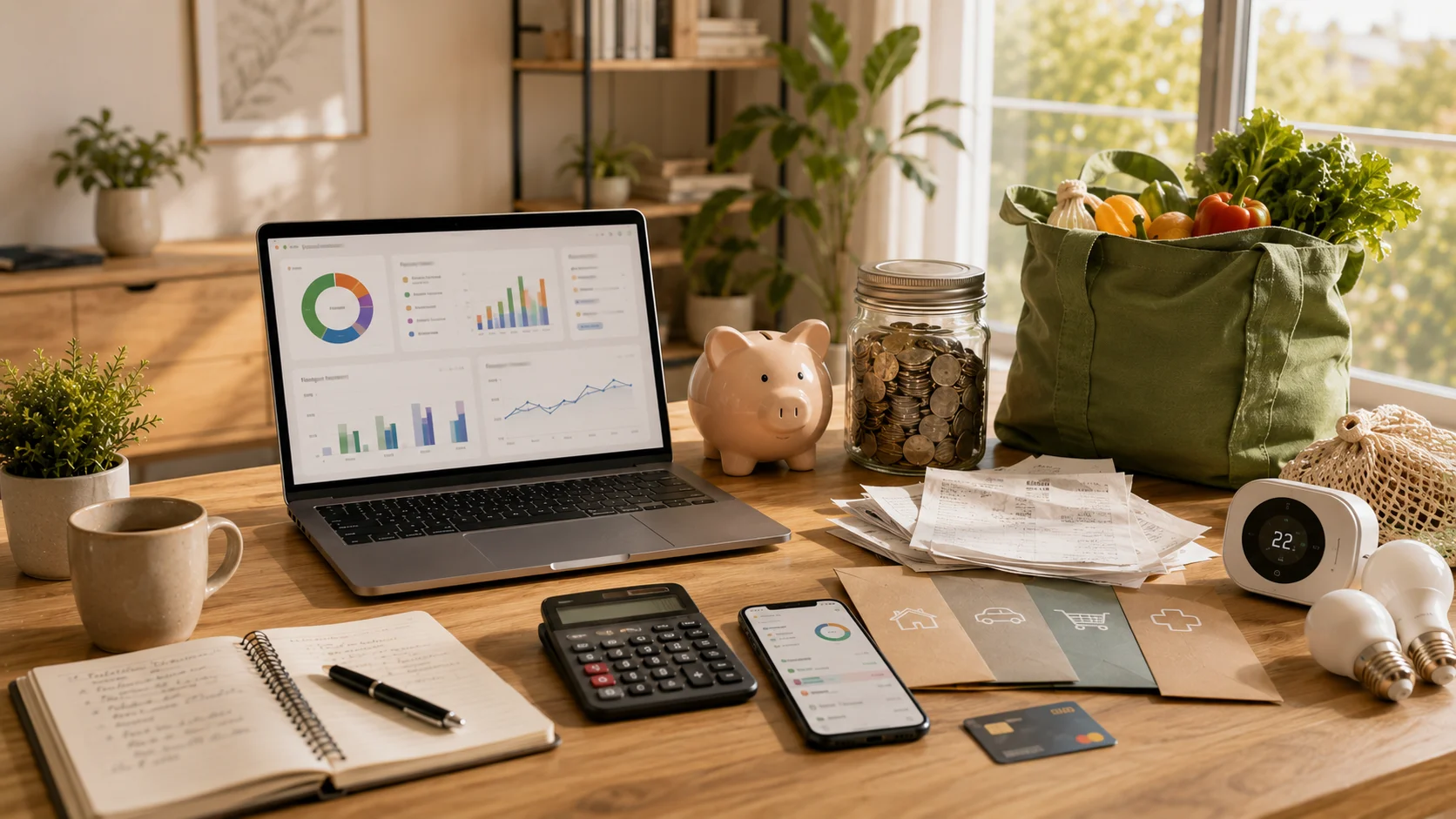 A modern budgeting workspace with a laptop displaying a generic expense tracker, calculator, piggy bank, savings jar, grocery receipts, monthly bills, and budgeting tools for reducing household expenses.