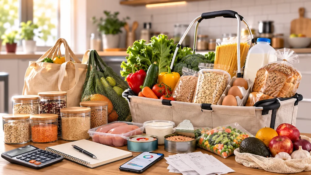 A grocery cart filled with affordable healthy foods alongside a calculator, shopping bags, meal prep containers, and budgeting tools in a modern supermarket and kitchen setting.