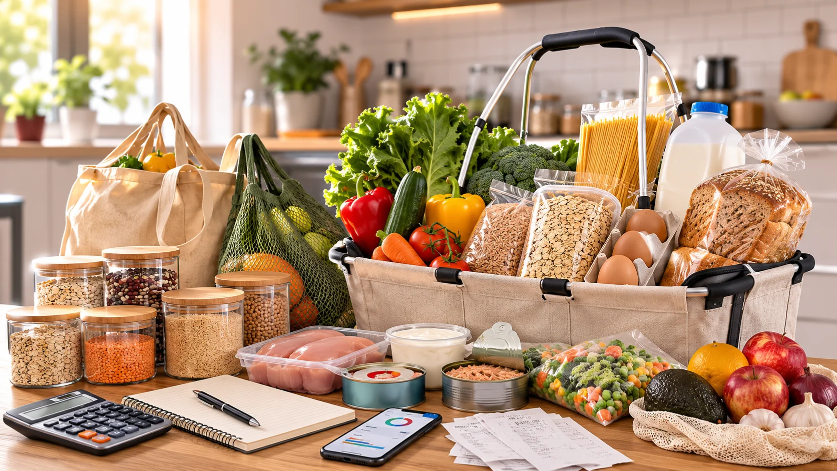 A grocery cart filled with affordable healthy foods alongside a calculator, shopping bags, meal prep containers, and budgeting tools in a modern supermarket and kitchen setting.