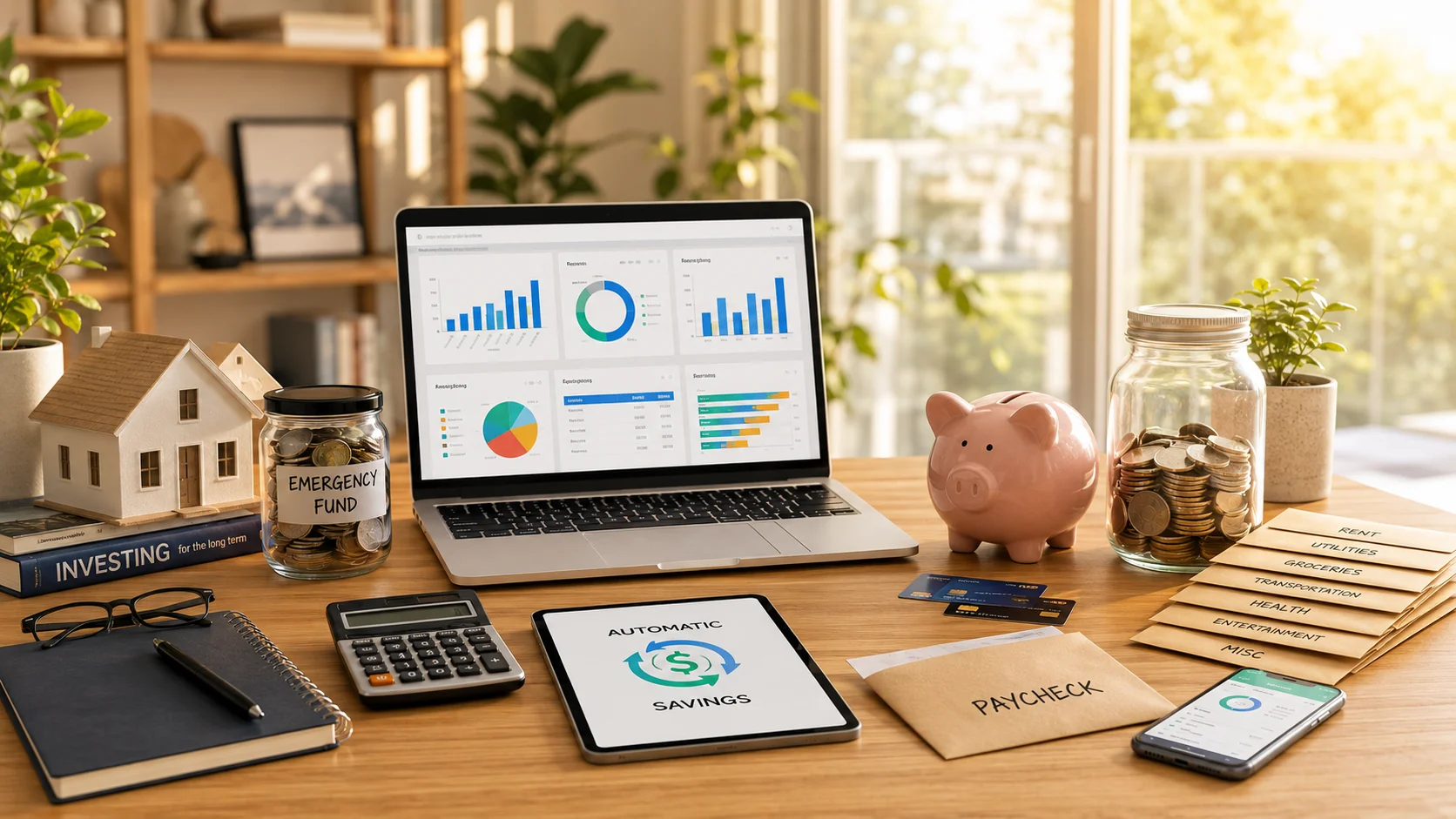 A modern budgeting workspace with a laptop showing a generic savings dashboard, calculator, piggy bank, savings jar, paycheck envelope, and budgeting tools for monthly salary planning.