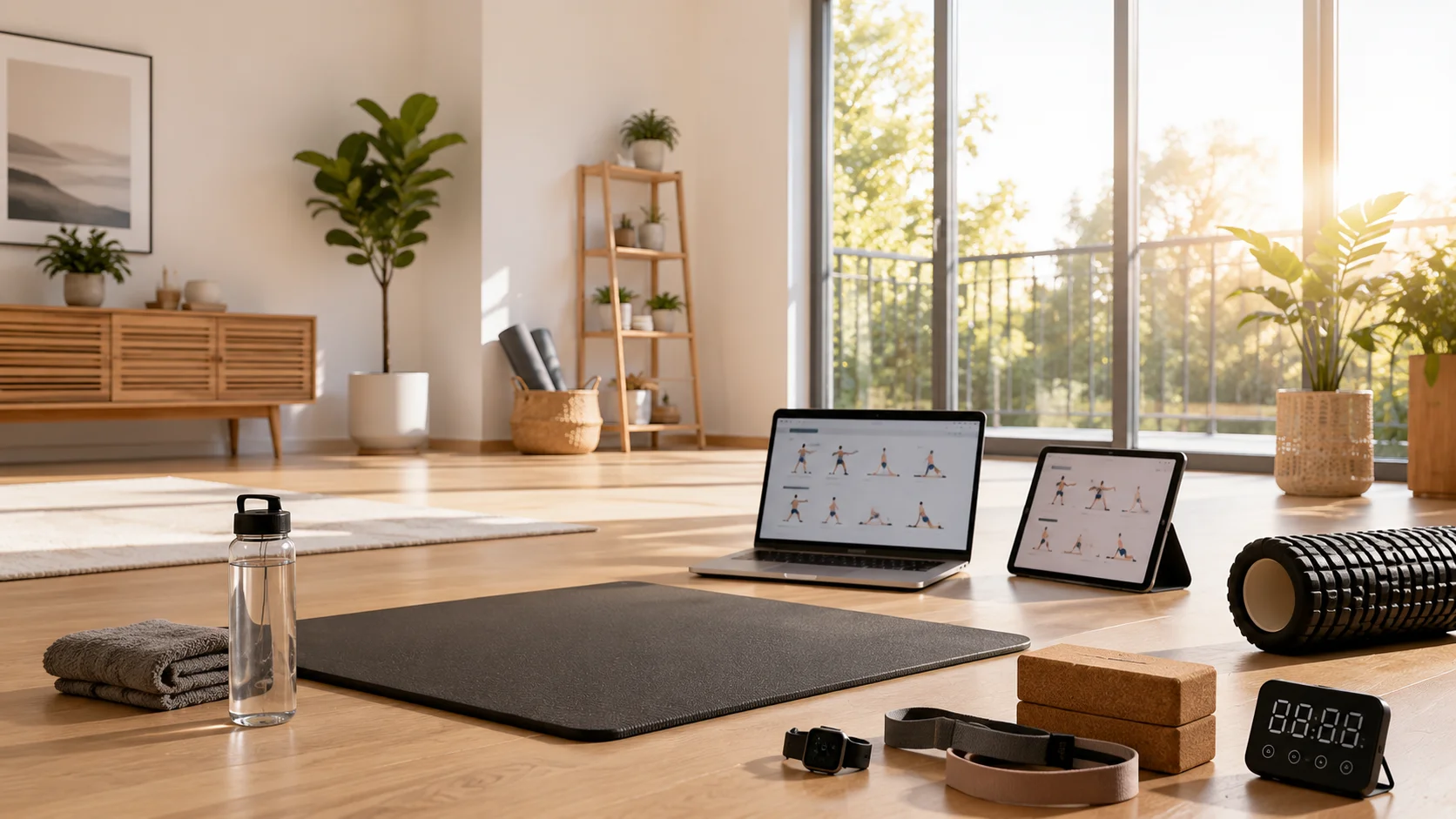 A modern home workout space with an exercise mat, resistance bands, foam roller, water bottle, workout timer, and digital fitness devices arranged for a beginner calisthenics routine.
