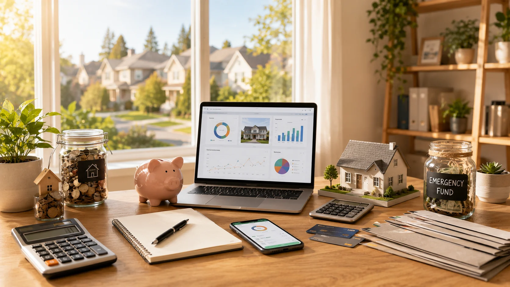 A modern budgeting workspace with a laptop displaying a generic home savings dashboard, calculator, piggy bank, savings jar, model house, and financial planning tools for saving toward a home.