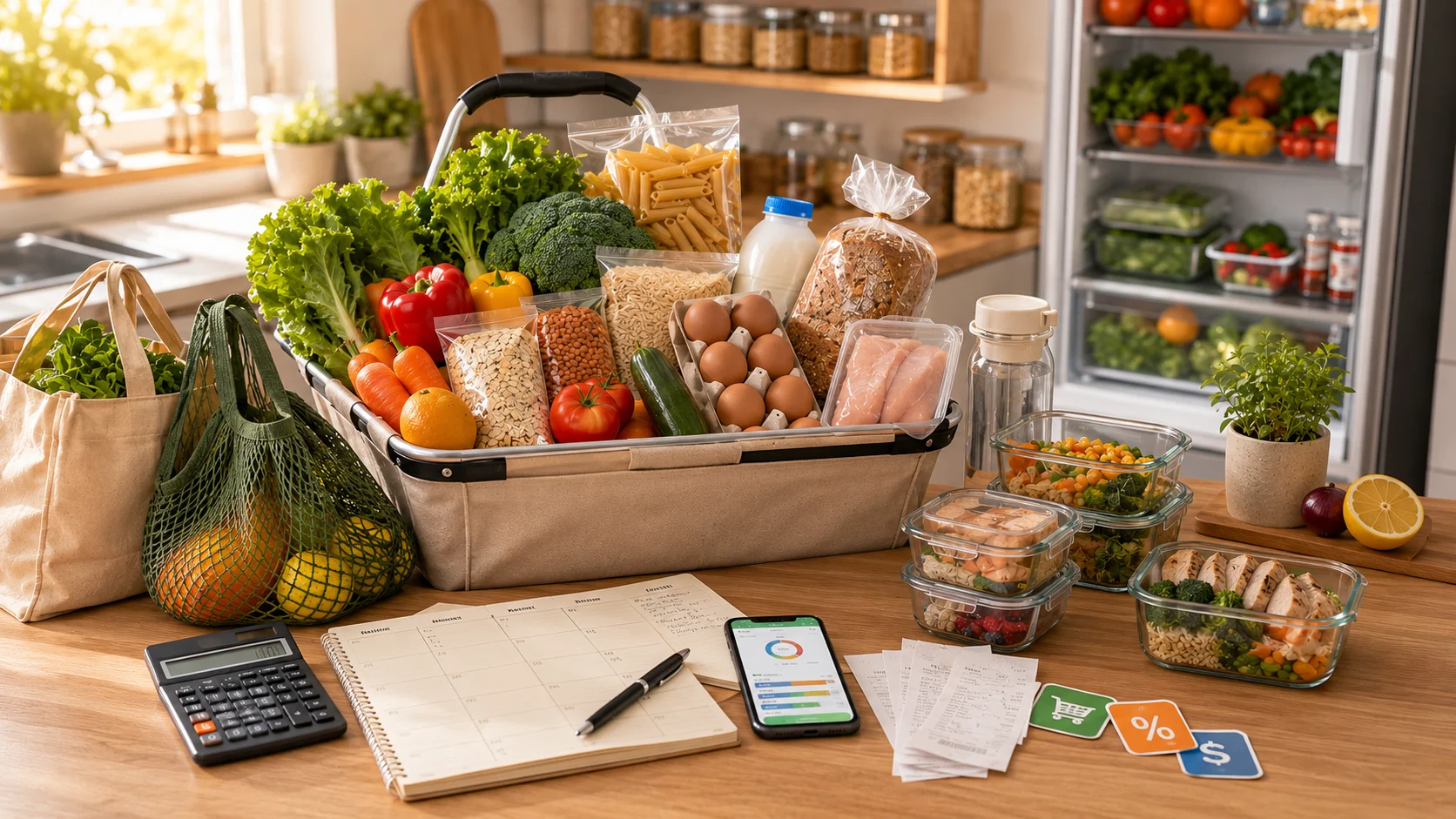 A grocery cart filled with affordable healthy foods alongside a meal planner, calculator, reusable shopping bags, budgeting app, and organized kitchen pantry for saving money on groceries.