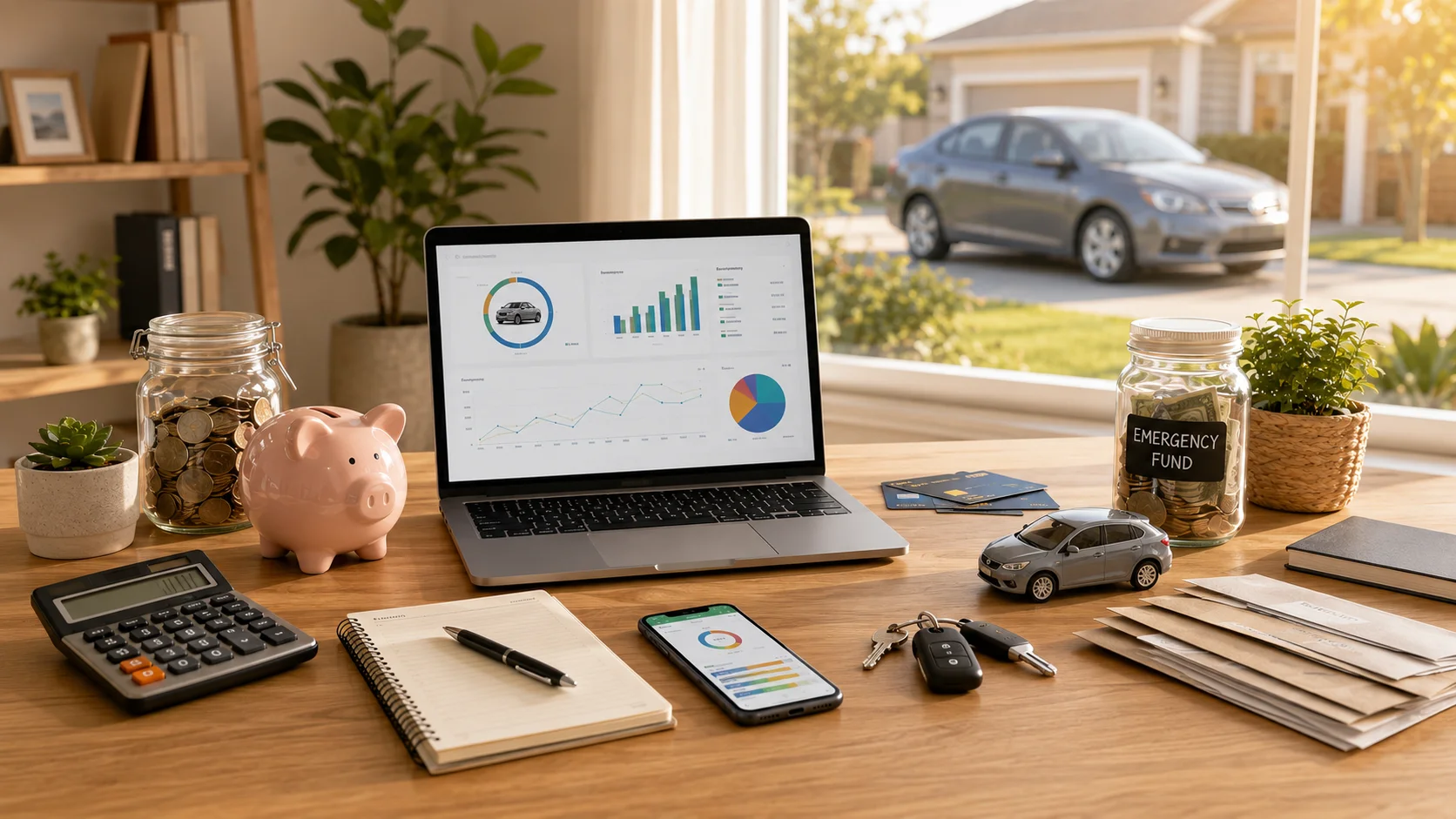 A modern budgeting workspace with a laptop displaying a generic savings tracker, calculator, piggy bank, miniature car model, car keys, and financial planning tools for saving to buy a car.
