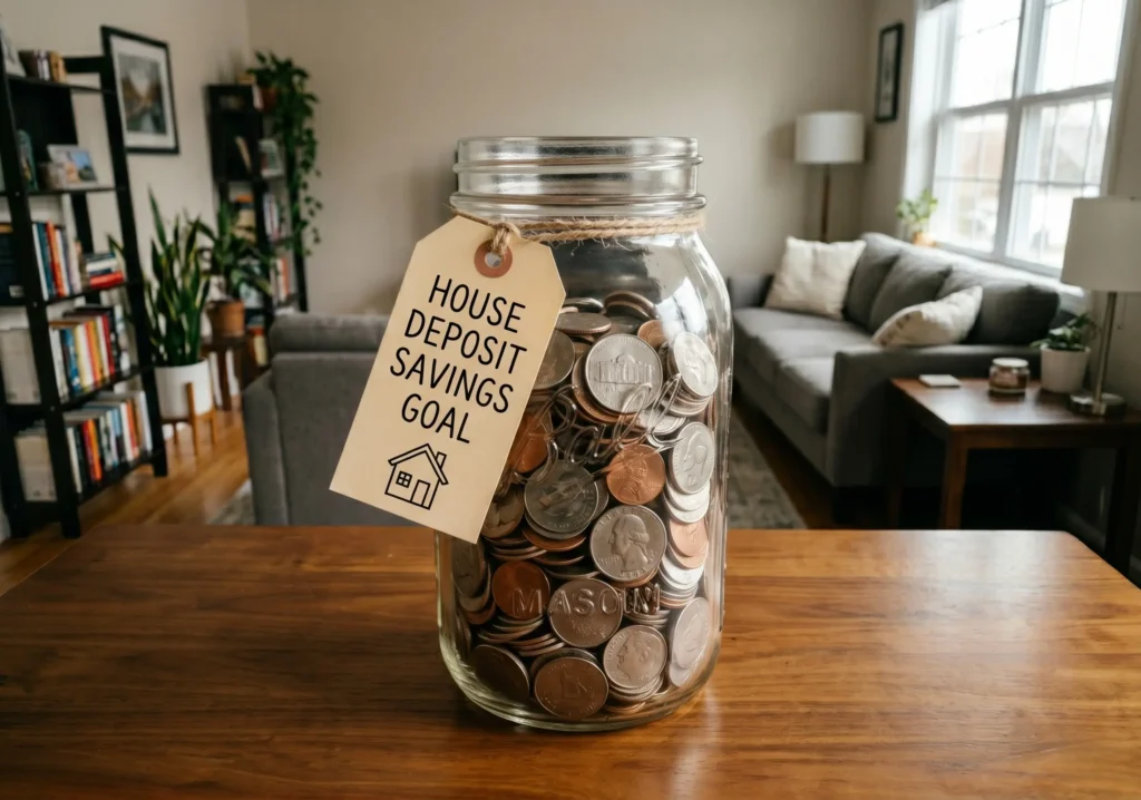 jar of coins labelled house deposit savings goal on a wooden table