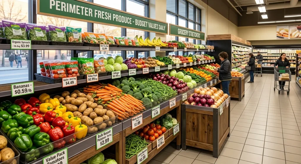 fresh produce and vegetables on display at the perimeter of a supermarket for budget shopping 