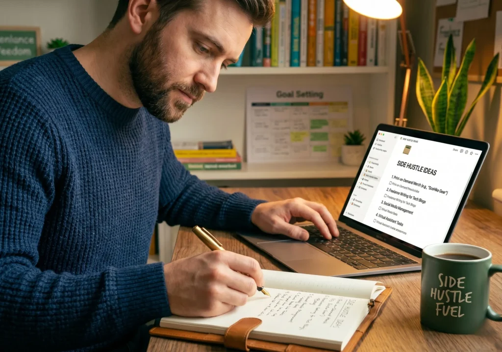 person writing side hustle ideas in a notebook next to a laptop and coffee