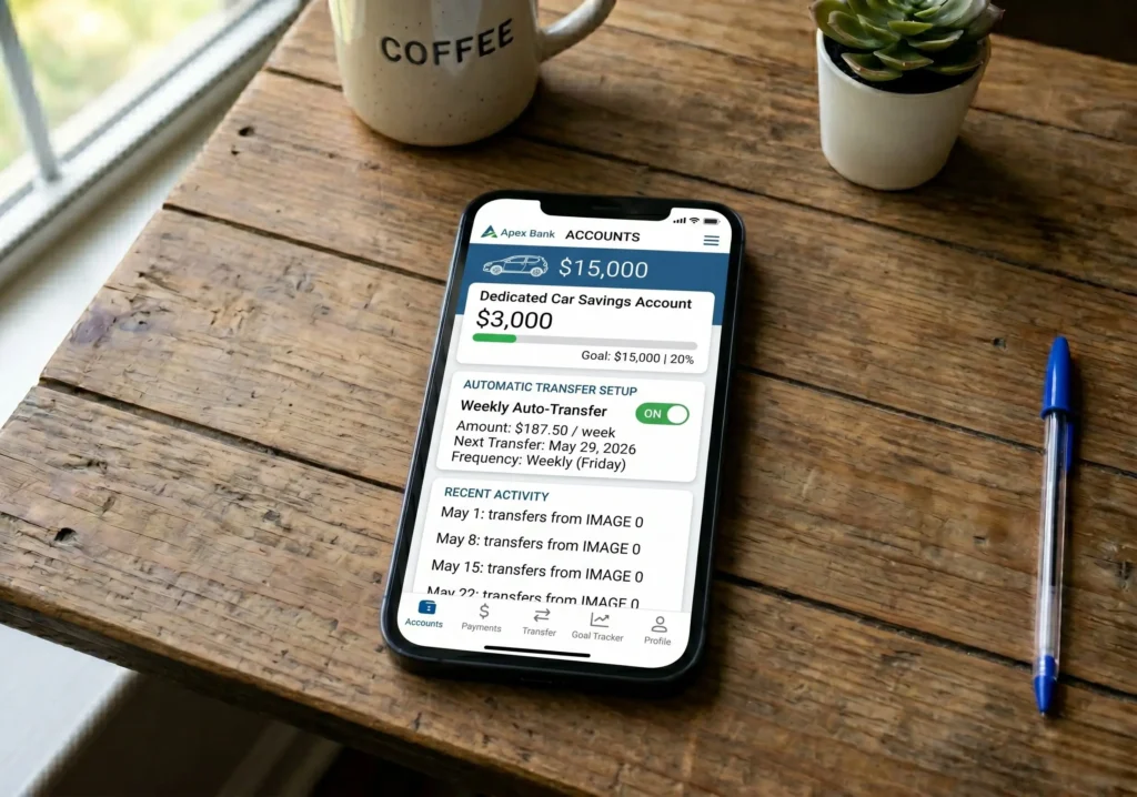 smartphone showing a dedicated car savings account with automatic transfer set up