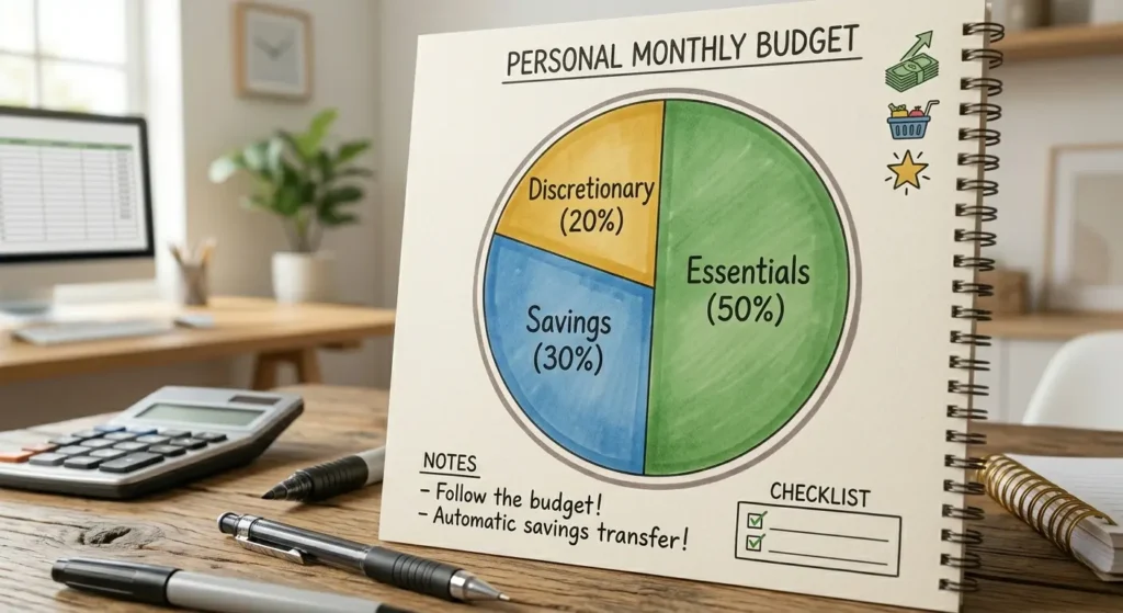 simple pie chart showing salary split between essentials, savings, and discretionary spending
