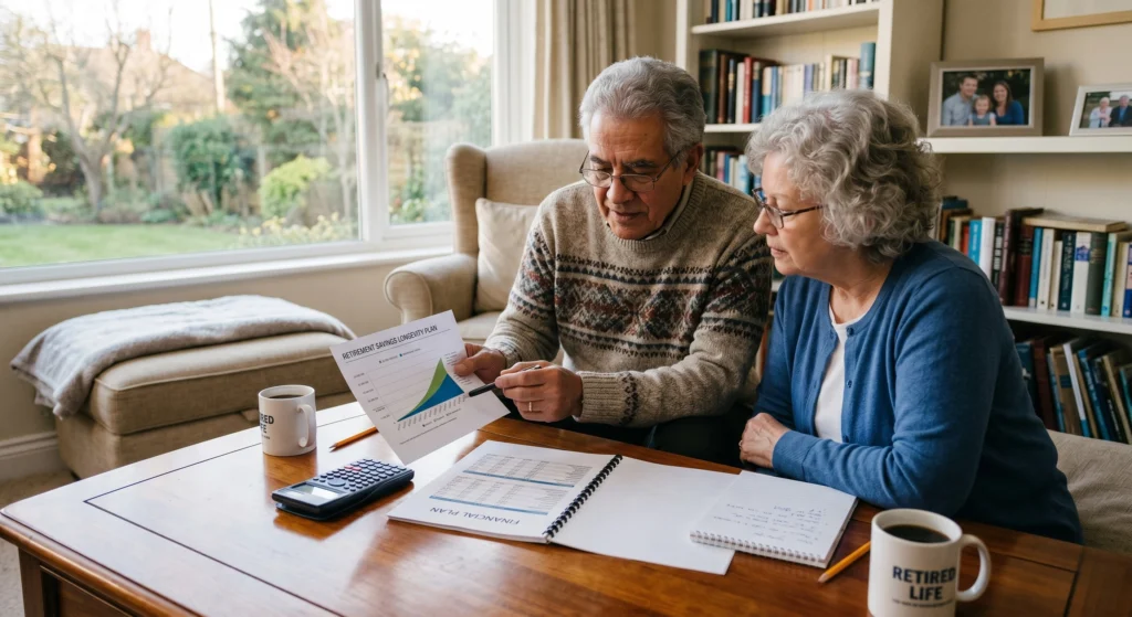 retired couple reviewing how long their retirement savings will last with a financial plan