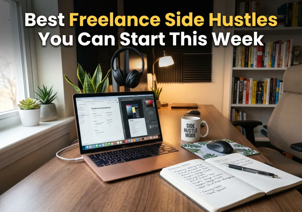 home office desk setup for freelance side hustle work with laptop and notebook
