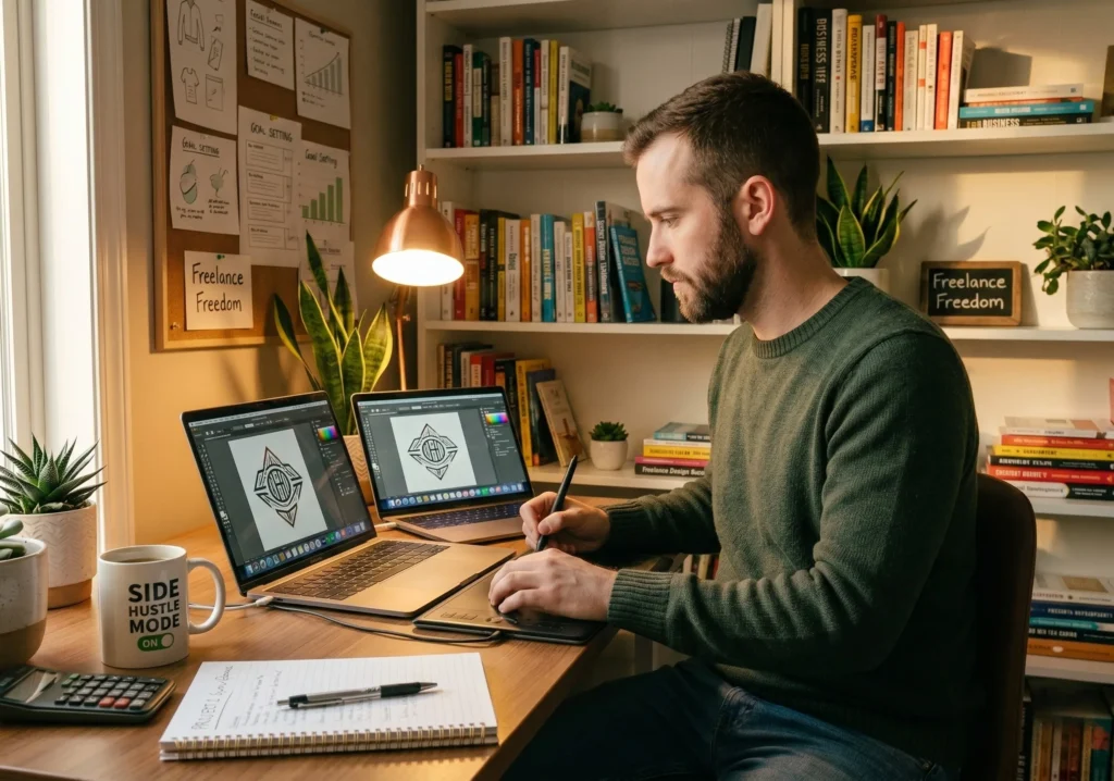 graphic designer working on a logo design freelance project on a computer