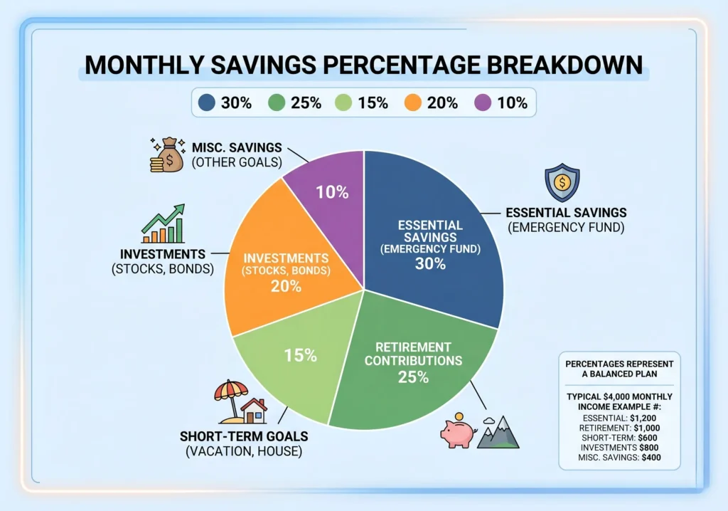monthly savings percentage breakdown shown in a simple budget chart