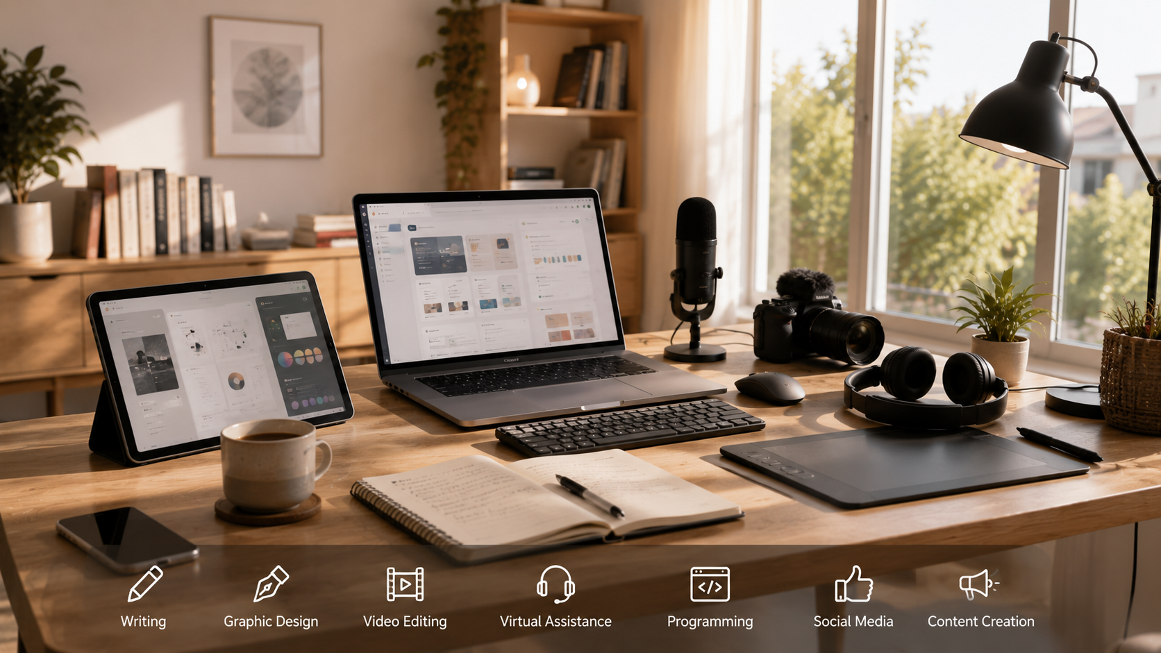 A modern home office with a laptop displaying a generic freelance dashboard, camera, microphone, tablet, notebook, and creative tools representing popular freelance side hustles.