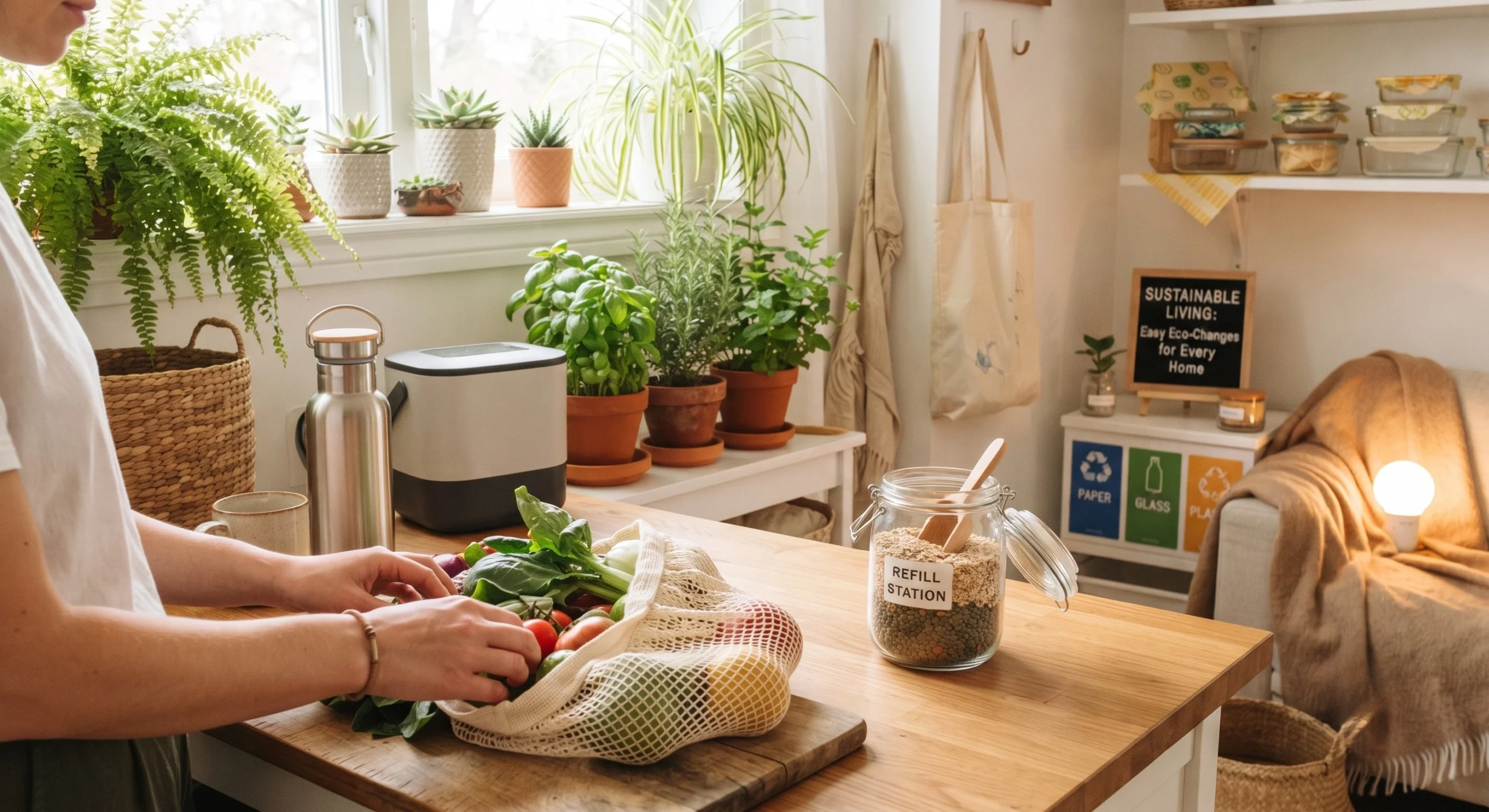 A person organizing fresh produce in a mesh bag on a wooden kitchen counter, surrounded by sustainable living elements like a glass refill jar, potted herbs, a stainless steel water bottle, and a recycling station.