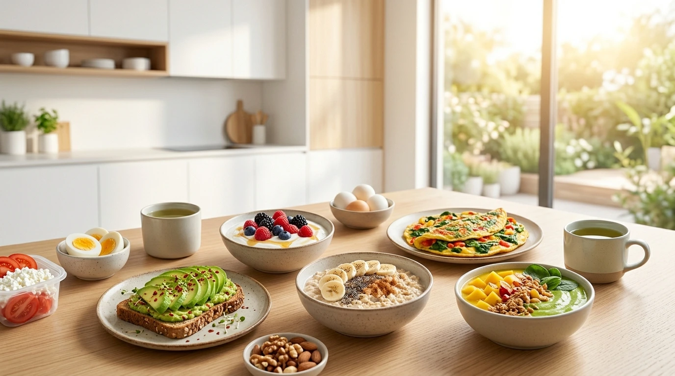 A healthy breakfast table featuring oatmeal, Greek yogurt with berries, avocado toast, eggs, smoothie bowl, and fresh fruit, showcasing nutritious breakfast ideas for weight loss.