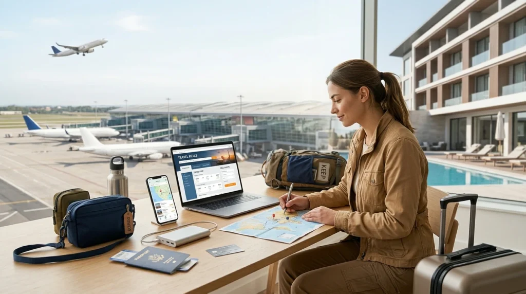 A traveler compares affordable flight and hotel deals on a laptop while preparing travel essentials including a passport, boarding pass, suitcase, and smartphone for a budget-friendly trip in 2026.