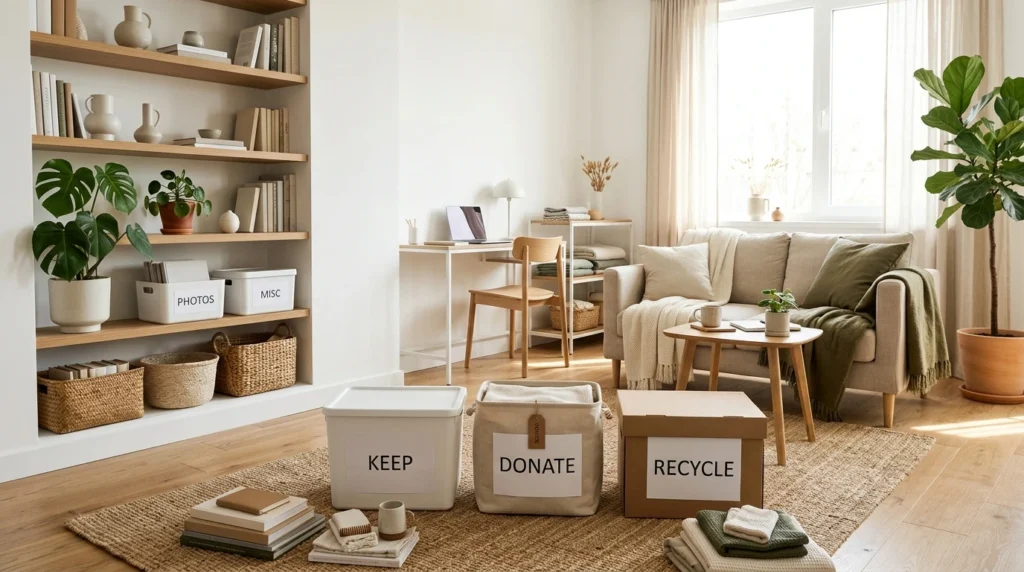 A bright, organized modern living room featuring neatly arranged shelves, storage baskets, labeled organization boxes, and minimalist decor after a successful weekend decluttering project.