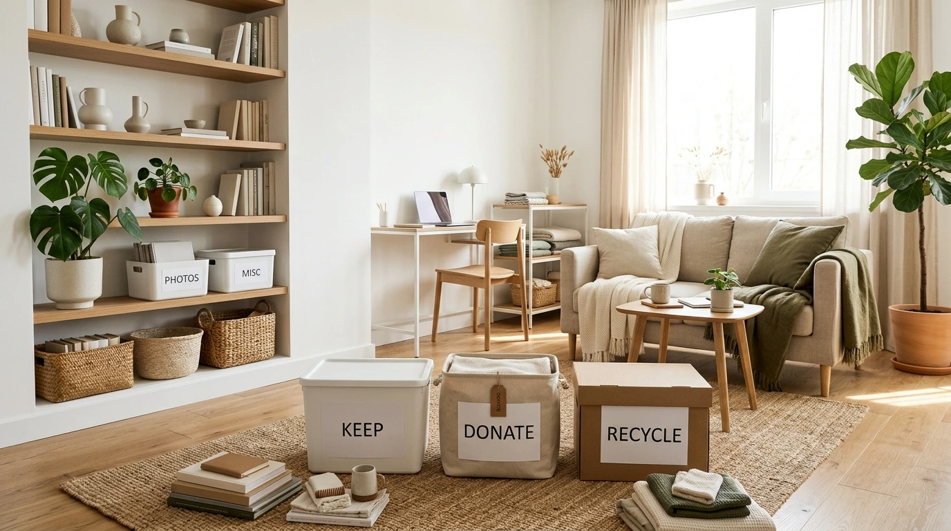 A bright, organized modern living room featuring neatly arranged shelves, storage baskets, labeled organization boxes, and minimalist decor after a successful weekend decluttering project.