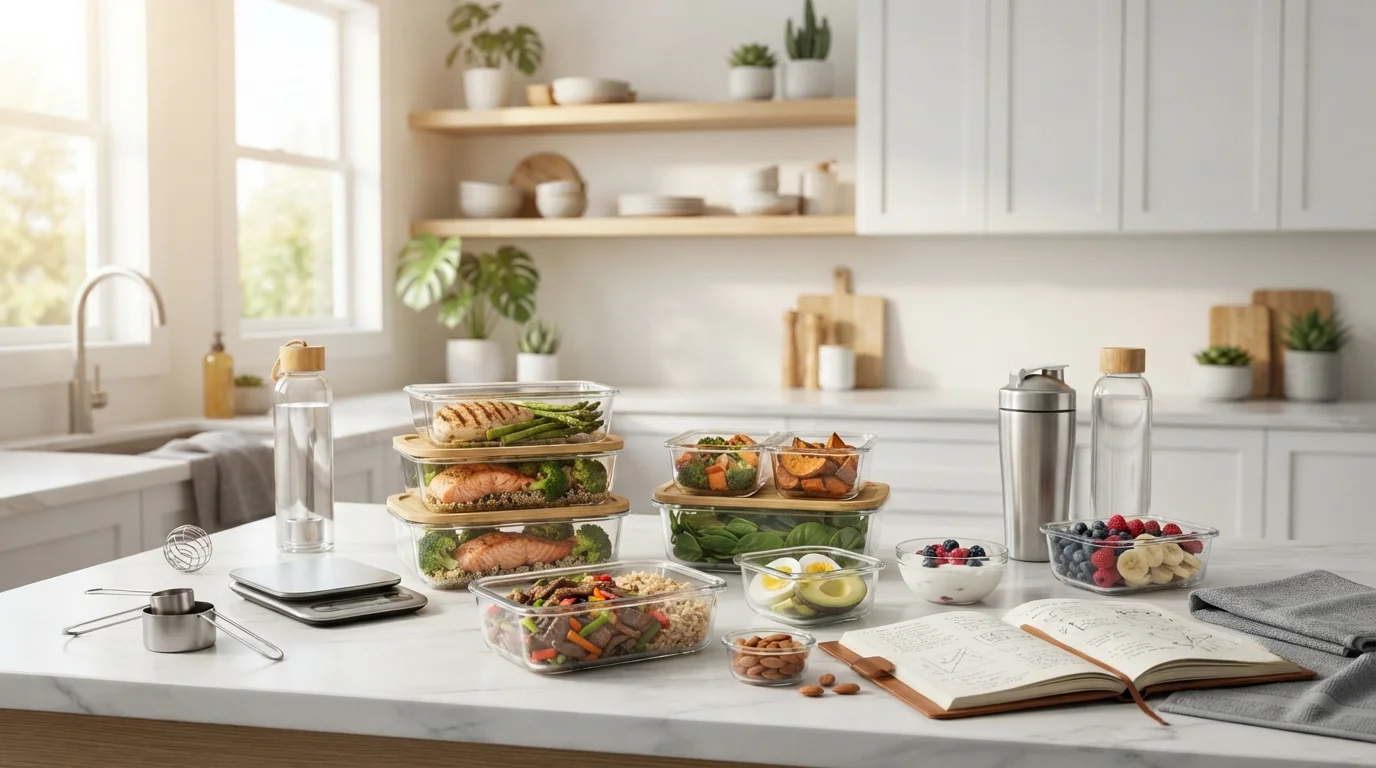 A modern kitchen with organized meal prep containers filled with lean protein, vegetables, brown rice, quinoa, fruit, and fitness accessories for healthy weekly meal planning.