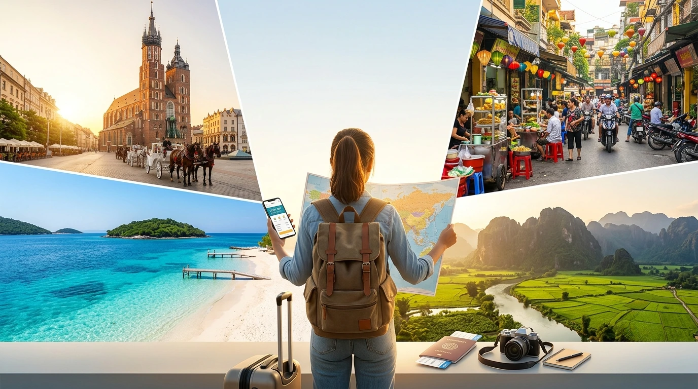 A backpack traveler explores affordable destinations featuring tropical beaches, historic cities, mountain landscapes, and vibrant local markets, highlighting the best budget travel destinations in 2026.