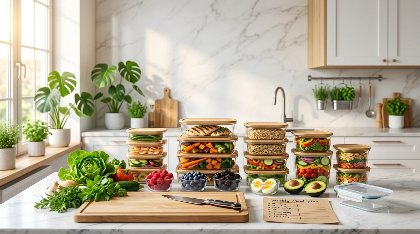 Healthy meal prep containers filled with grilled chicken, vegetables, rice, salads, and fresh ingredients neatly arranged on a modern kitchen countertop for weekly meal planning.