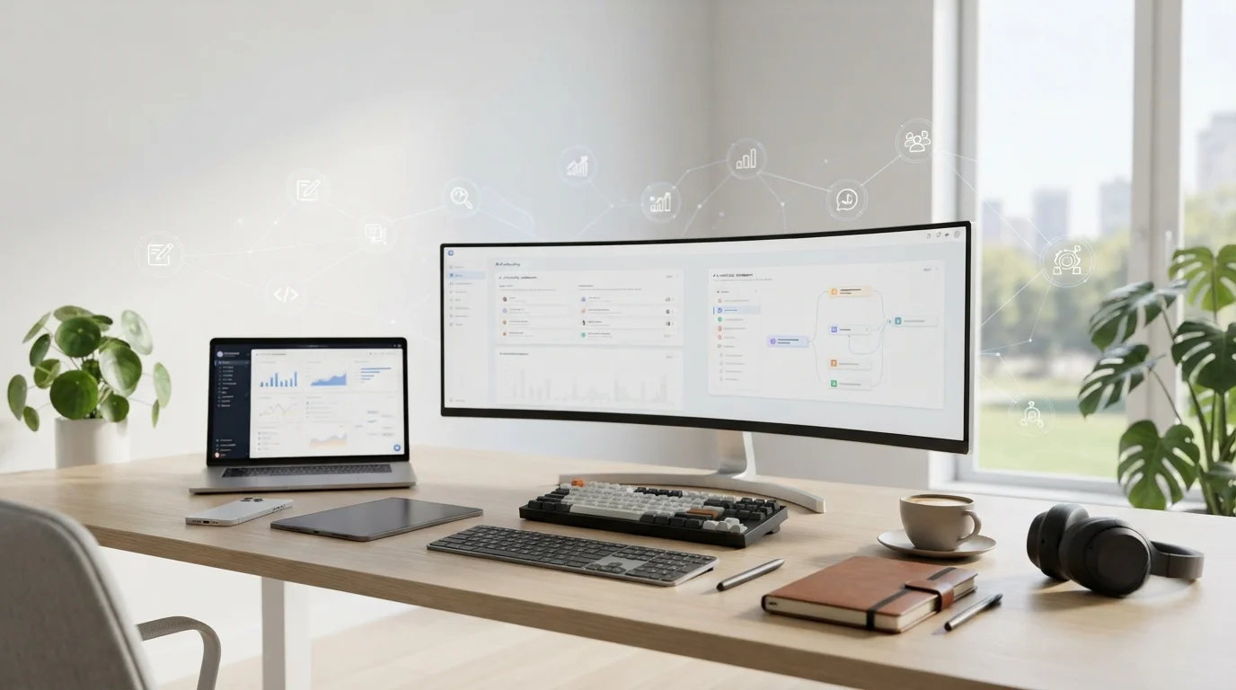 A modern office workspace featuring a laptop and monitor with a generic AI productivity dashboard, automation workflows, digital devices, and organized desk accessories representing AI tools for productivity.