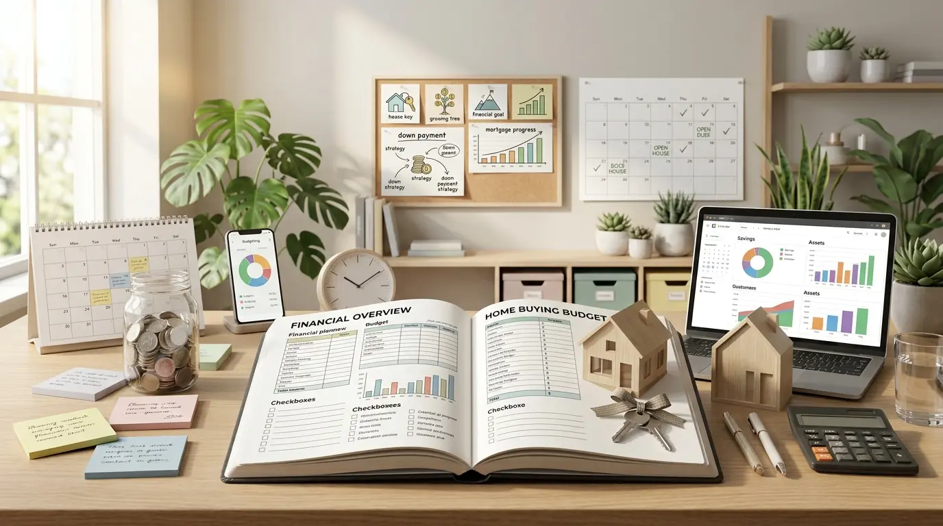 A modern workspace with a savings jar, model house, calculator, budget planner, laptop, and house keys representing a step-by-step savings plan for first-time home buyers.