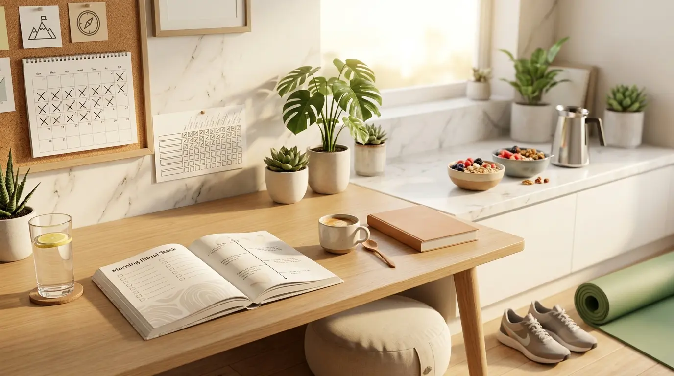 A modern workspace and morning routine setup featuring a journal, glass of water, coffee, running shoes, healthy breakfast, and habit tracker to illustrate the concept of habit stacking.