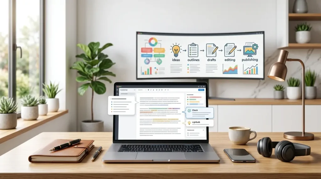 A modern workspace with a laptop displaying an AI-assisted writing interface, alongside a notebook, coffee cup, and creative tools, representing AI writing software for content creation.
