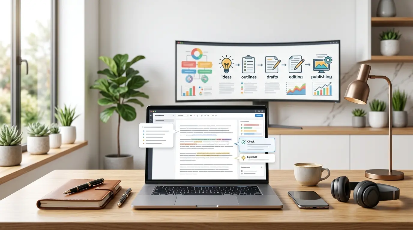 A modern workspace with a laptop displaying an AI-assisted writing interface, alongside a notebook, coffee cup, and creative tools, representing AI writing software for content creation.