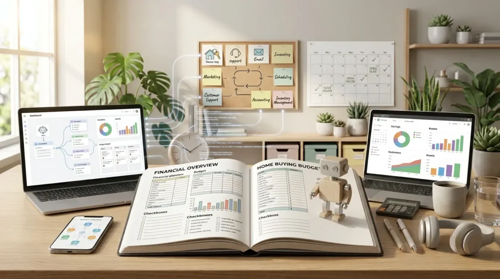 A modern office workspace with a laptop displaying AI automation workflows, analytics dashboards, and connected business processes representing productivity tools for small businesses.