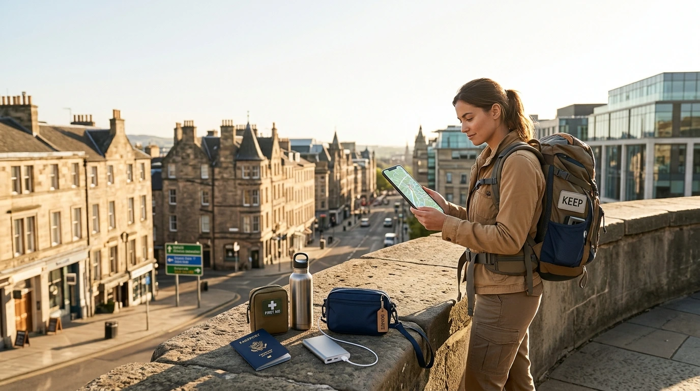A solo traveler with a backpack checks a map on a smartphone while carrying essential travel safety items in a bright, welcoming destination, illustrating safe and confident solo travel.
