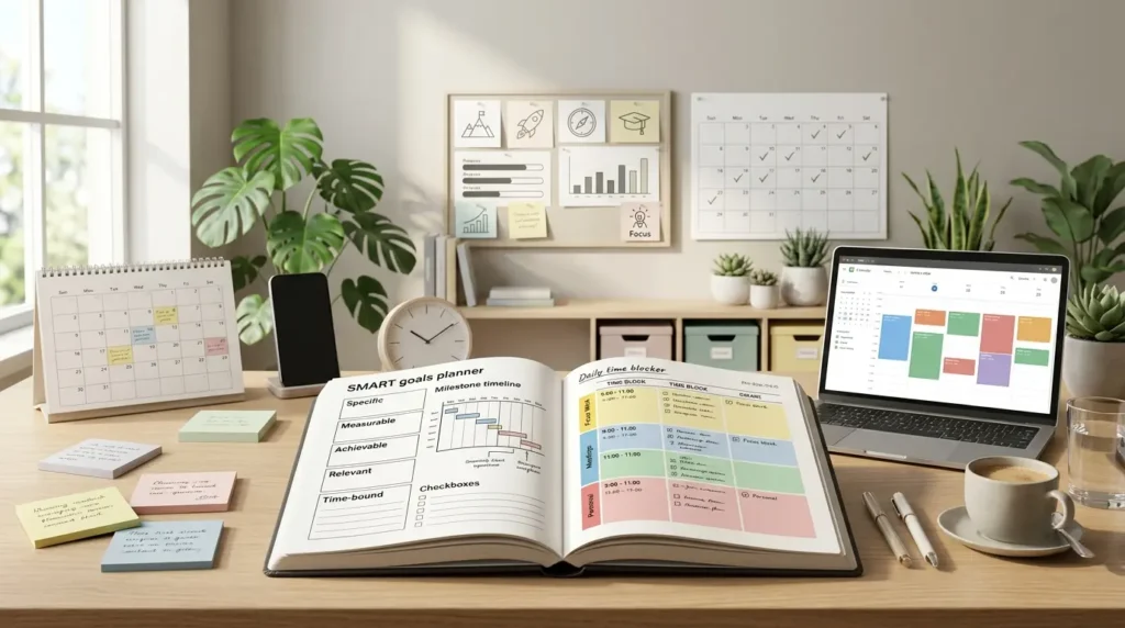 A modern workspace with a color-coded daily planner, laptop calendar, notebook, clock, and productivity tools illustrating the time blocking method for effective schedule management.