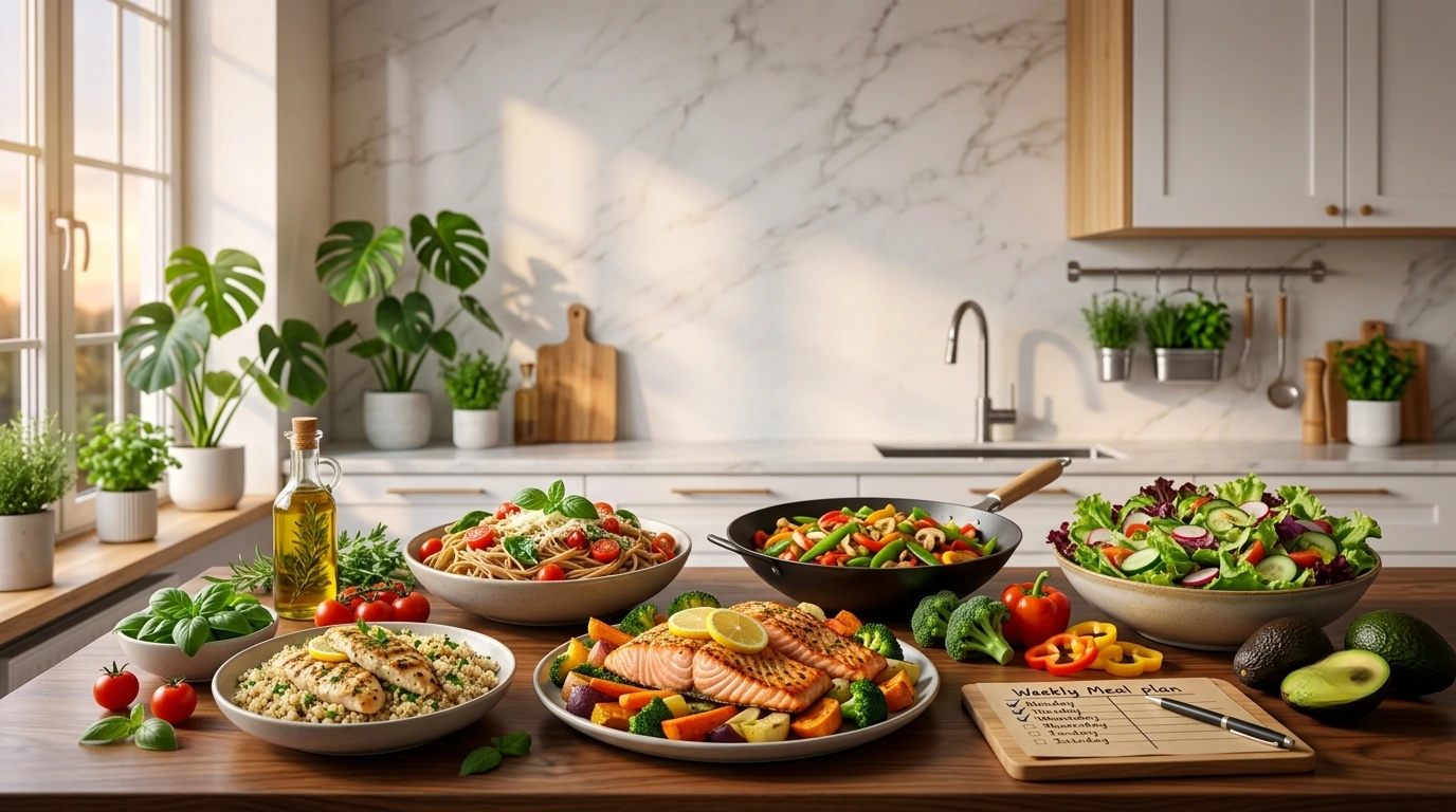 A healthy dinner table featuring grilled salmon, roasted vegetables, quinoa, whole wheat pasta, fresh salad, and colorful ingredients in a modern kitchen.