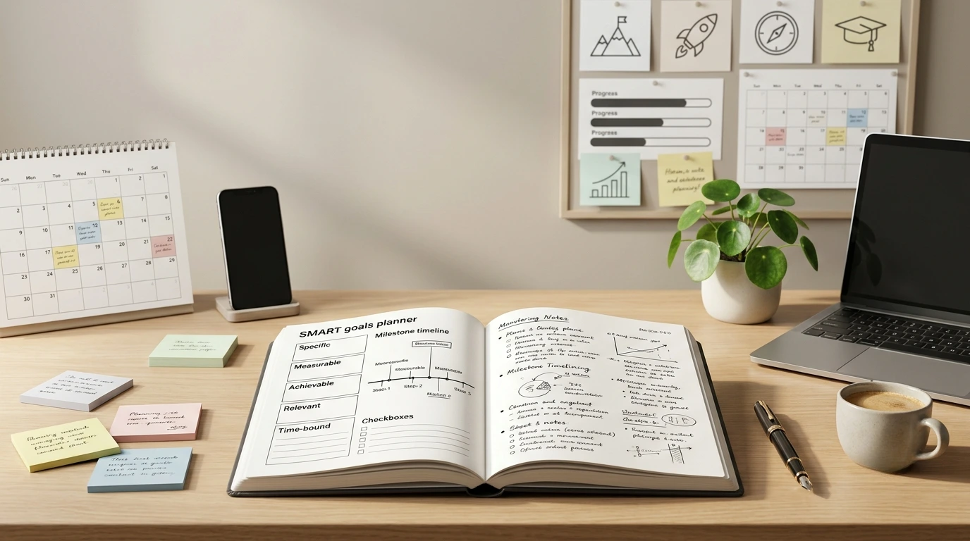 A modern workspace with a goal-setting planner, notebook, calendar, laptop, and productivity tools arranged neatly to represent SMART goal planning and achievement.