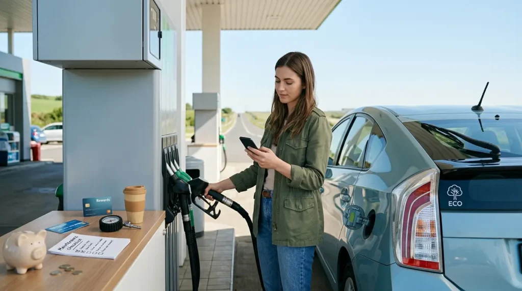 A driver refuels a fuel-efficient car while checking fuel prices on a smartphone, with a tire pressure gauge and fuel rewards card nearby to represent practical ways to save money on gas.