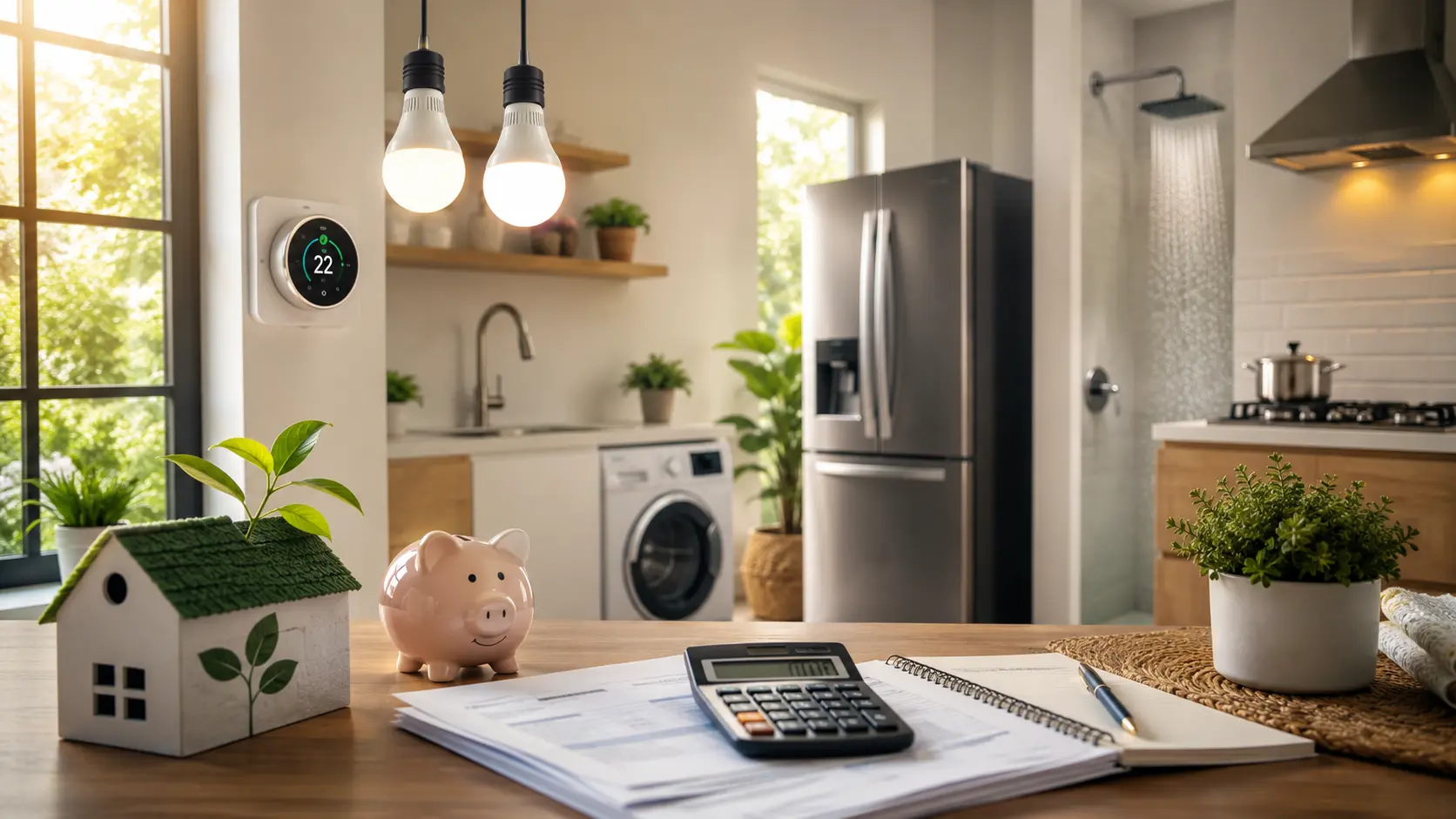 An energy-efficient home with LED lighting, smart thermostat, efficient appliances, water-saving fixtures, and budgeting tools illustrating ways to reduce utility bills.