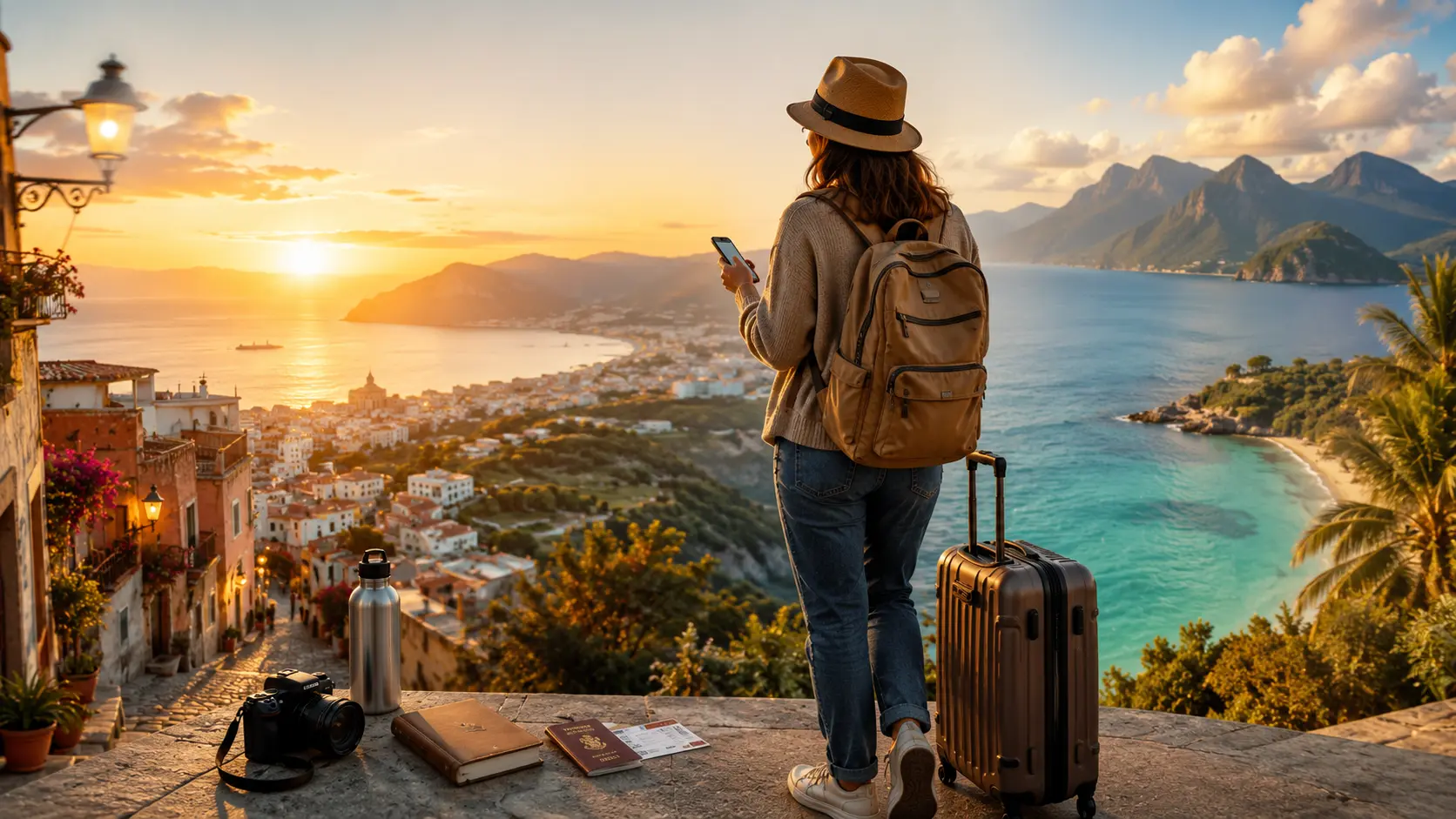 A solo traveler with a backpack and suitcase explores a scenic destination while using a smartphone map, representing safe and confident first-time solo travel.