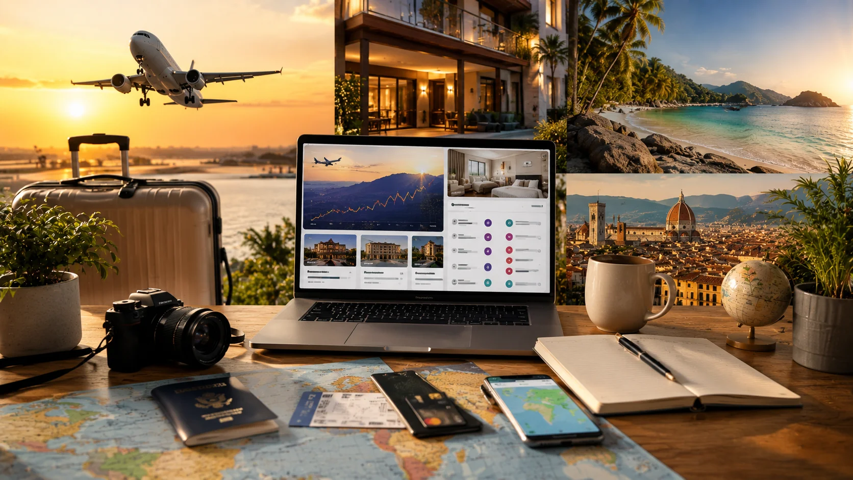 A traveler planning an affordable trip using a laptop, passport, suitcase, smartphone, and travel essentials, with airplanes, hotels, and scenic destinations representing budget travel in 2026.