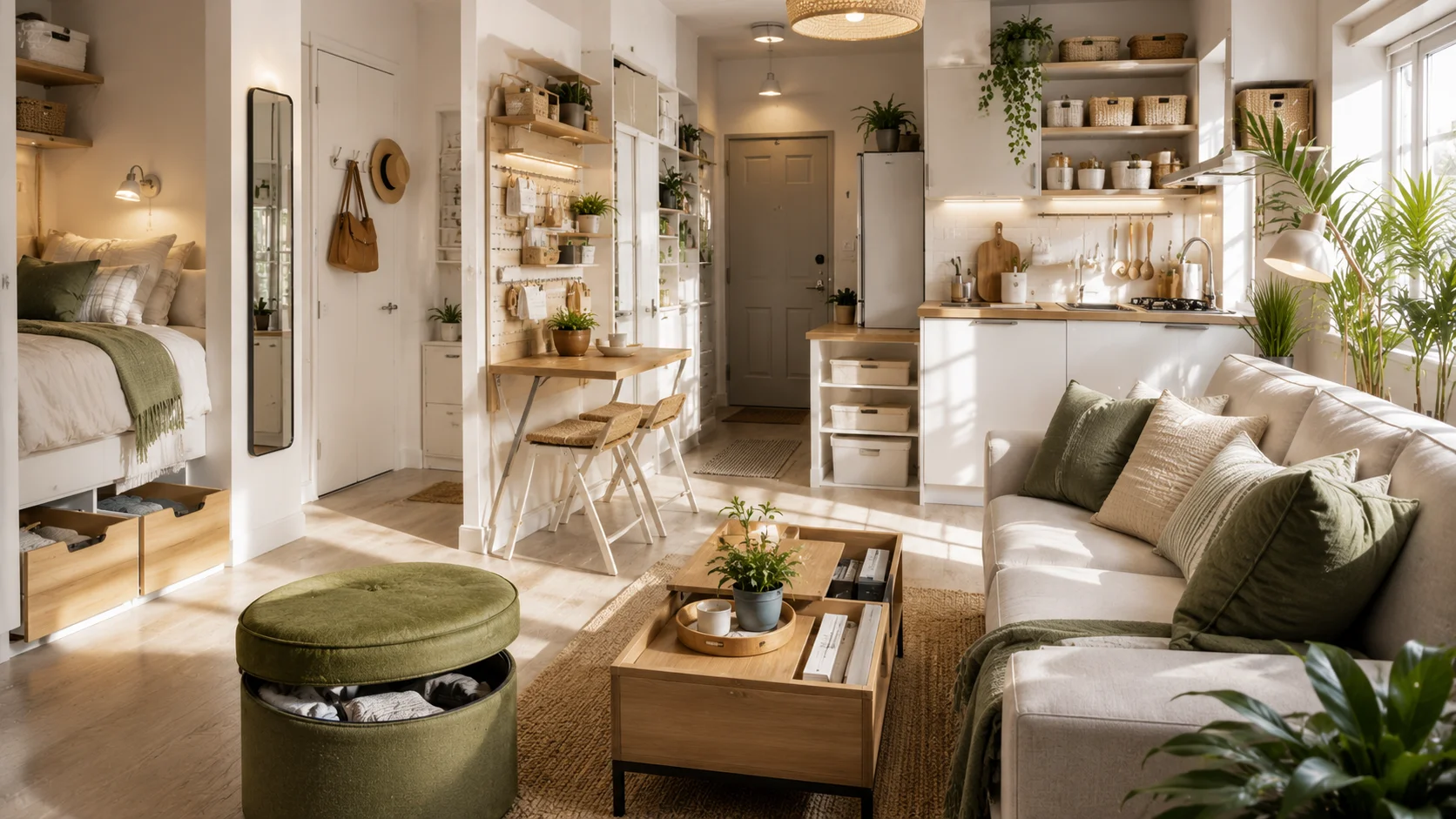 A modern small apartment featuring floating shelves, storage baskets, multi-functional furniture, hidden storage, and organized shelving to maximize every square foot of living space.